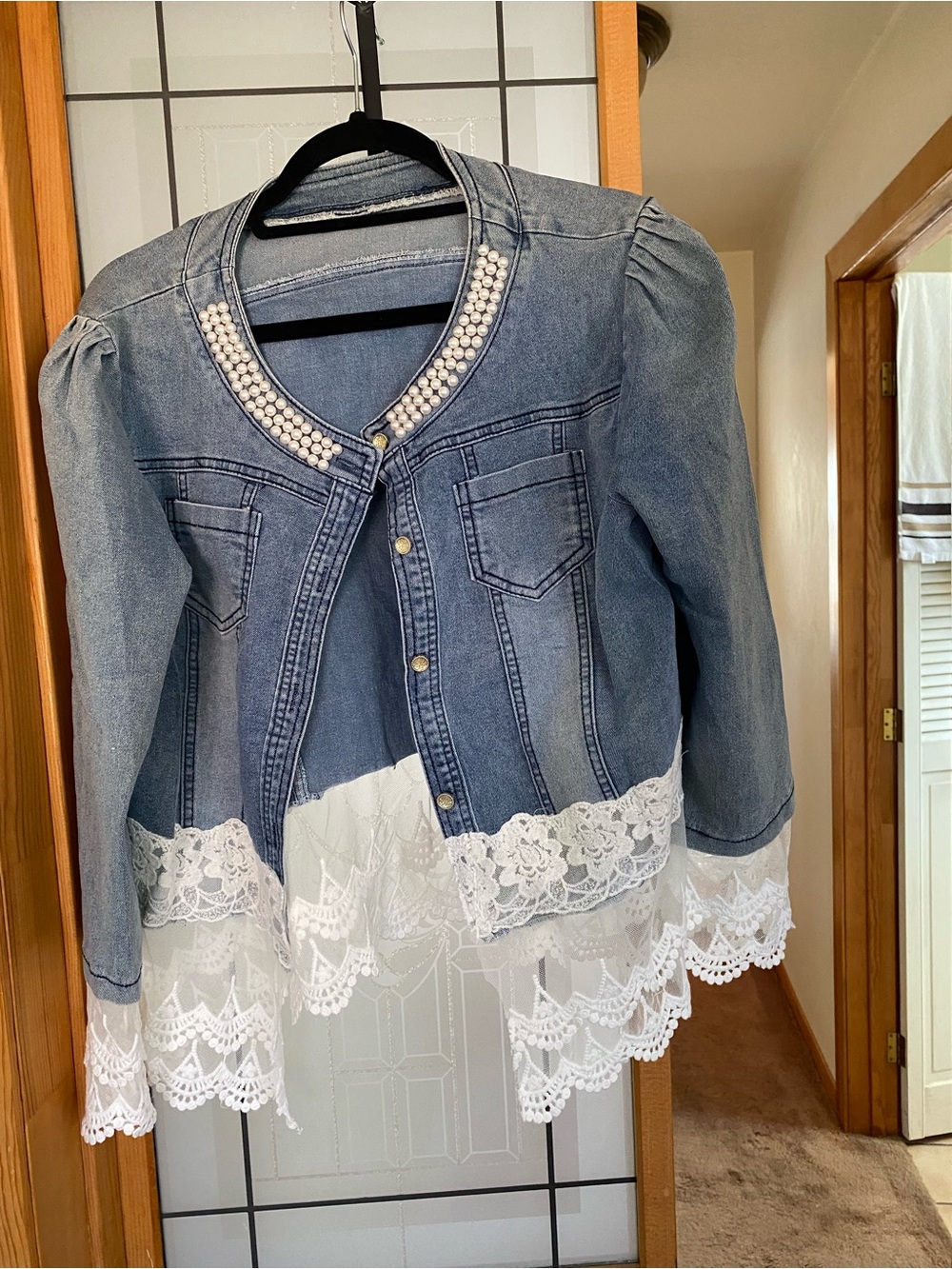 NWOT Denim Jacket with Pearl Collar & Lace Hem - Blue